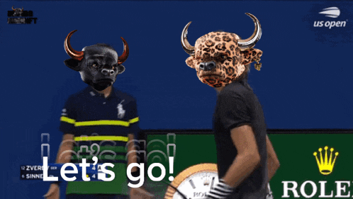 a bull and a leopard are playing tennis with the words let 's go