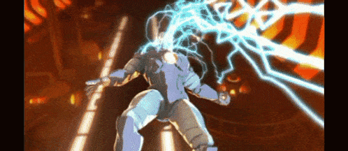 a robot is being struck by lightning in a video game