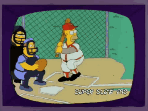 a cartoon of homer simpson swinging a baseball bat with the words super slow and on the screen