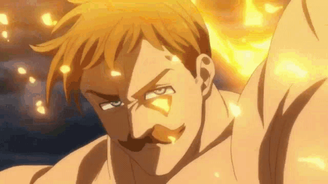 a close up of a man with a mustache and a fire coming out of his chest .