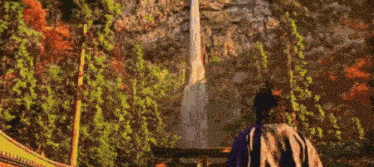 a man standing in front of a waterfall with trees in the background