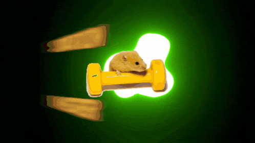 a hamster is sitting on a yellow dumbbell with a green light behind it