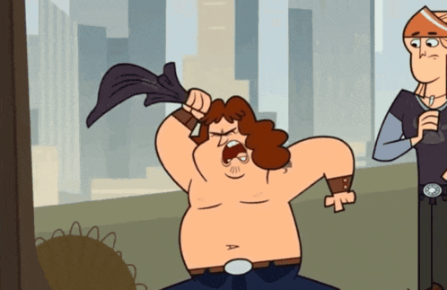a cartoon of a shirtless man holding a towel