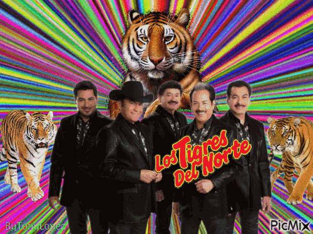 a group of men are standing in front of a tiger and the words los tigres del norte on the bottom