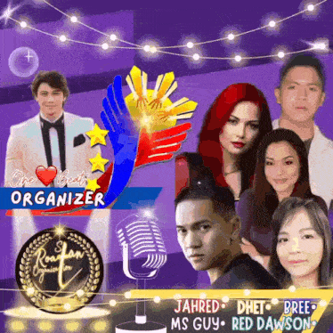 a group of people are standing in front of a microphone with the words one best organizer on top
