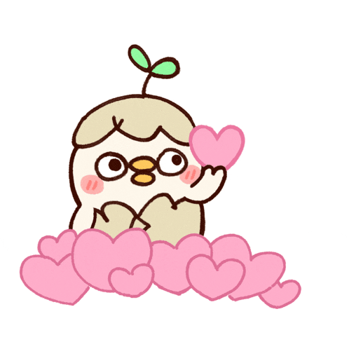 a cartoon drawing of a bird surrounded by pink hearts with a green plant on its head