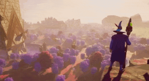 a wizard is standing on top of a hill in a video game with purple flowers .