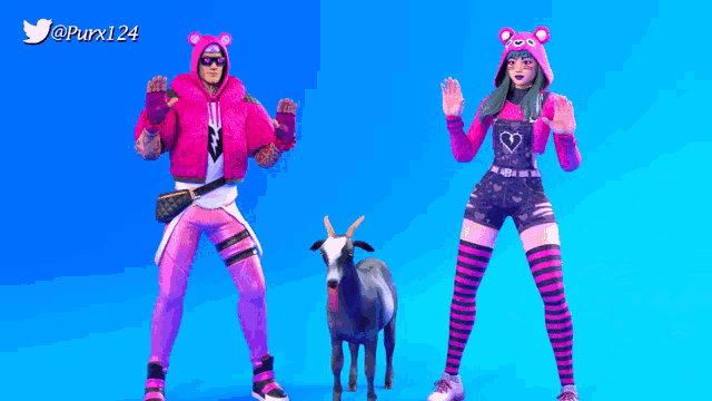 a man and a woman are standing next to a goat and the twitter account purxl24 is above them