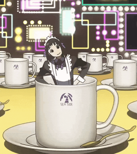 a maid is sticking her head out of a sea side cup
