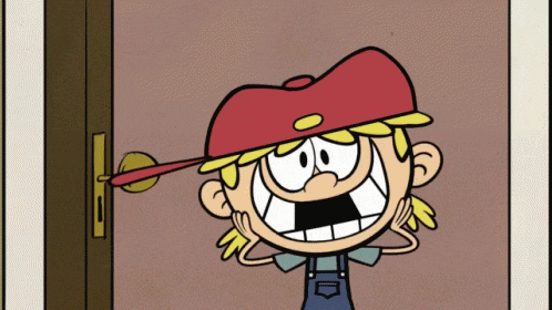 a cartoon character wearing a red hat and overalls is standing in front of a door