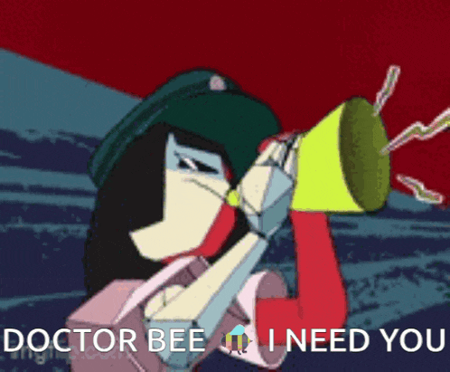 a cartoon of a woman holding a megaphone with the words doctor bee i need you