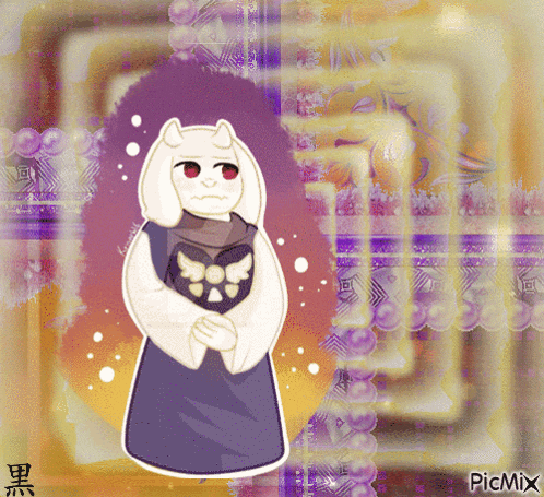 a cartoon drawing of a goat with red eyes and a purple background with picmix written on the bottom