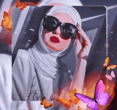 a woman wearing a white hijab and sunglasses is surrounded by purple butterflies