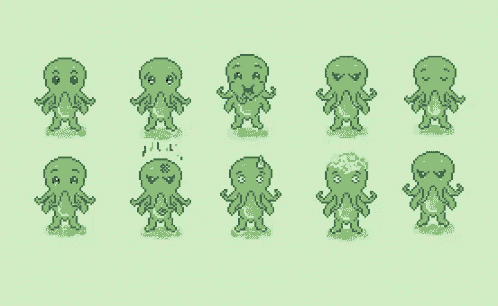 a set of pixel art octopus with different facial expressions