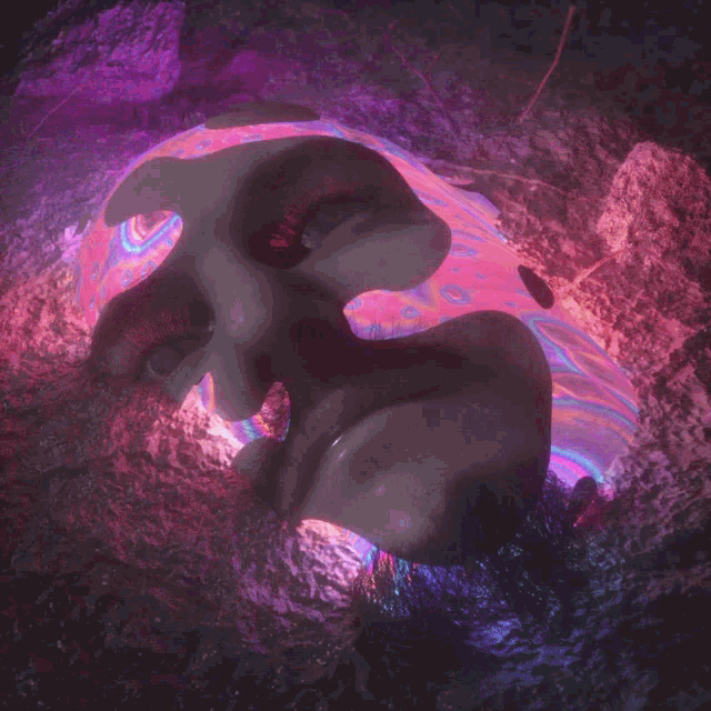 a close up of a person 's face in a cave with a purple background