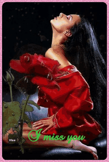 a woman in a red robe is holding a red rose and the words i miss you are below her