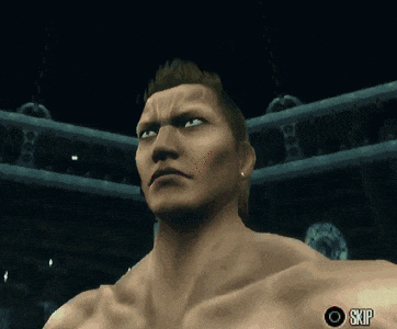 a video game screen shows a man standing in a boxing ring and a button that says skip