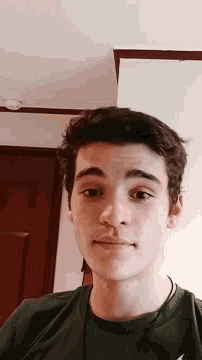 a close up of a young man 's face in a green shirt