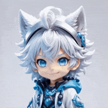 a little girl with white hair and blue eyes is wearing a headband with cat ears .