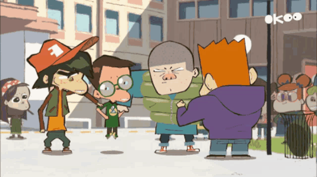 a group of cartoon characters are standing in front of a building with the letters ok on it