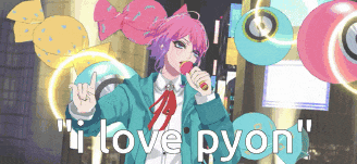 a girl with pink hair is singing into a microphone with the words " i love pyon " below her