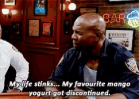 a man in a police uniform says " my life stinks my favourite mango yogurt got discontinued .. "