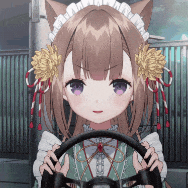 a girl with purple eyes is holding a steering wheel and has flowers in her hair