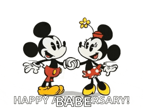 mickey mouse and minnie mouse are holding hands and kissing each other .