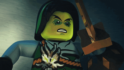 a lego figure with a green face and a sword in his hand