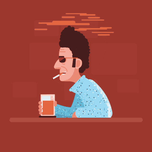 an illustration of a man smoking a cigarette and drinking a glass of beer