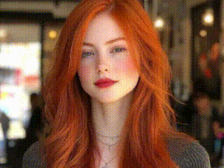 a woman with long red hair and red lipstick is wearing a gray sweater and a necklace .