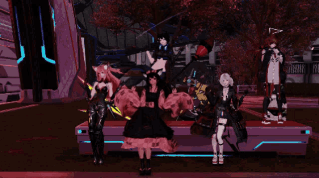 a group of anime characters are posing for a picture in front of a tree