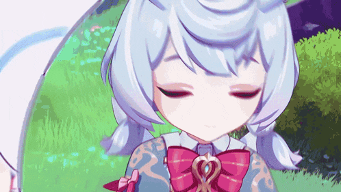 a girl with white hair and a pink bow on her head