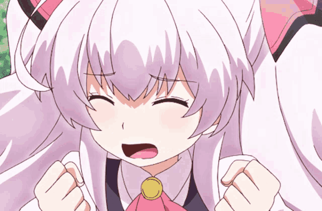 a girl with white hair and a pink bow on her head is making a funny face