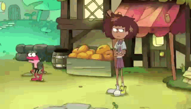 a cartoon character standing next to a box of oranges