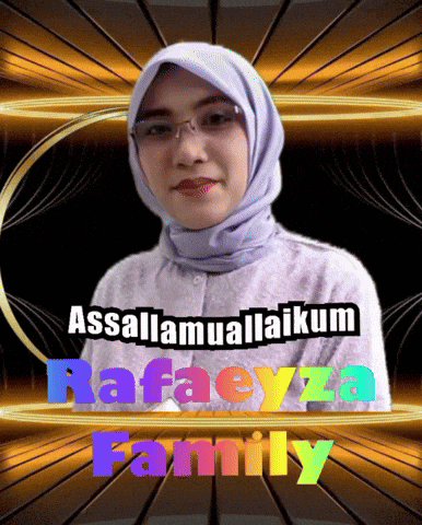 a woman wearing a purple hijab and glasses is surrounded by the words assalamualaikum rafaeyza family