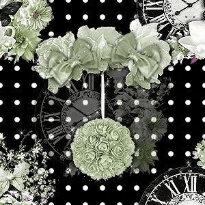 a black and white polka dot background with a clock and flowers on it