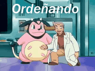 a cartoon of a man kneeling next to a pink cow with the word ordenando written on the bottom