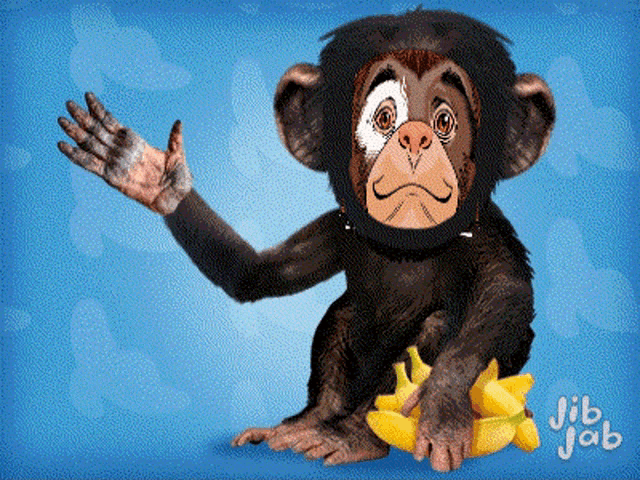 a monkey wearing a mask is sitting on a pile of bananas and waving