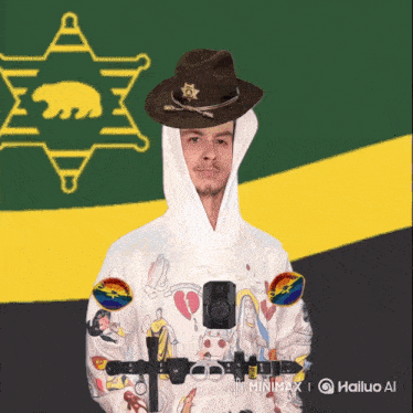 a man wearing a sheriff 's hat and a white hoodie