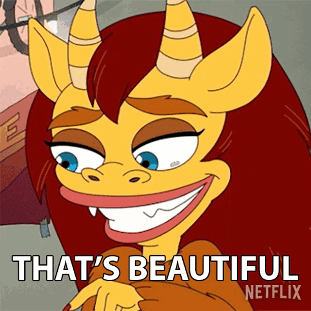 a cartoon character with horns is smiling and says " that 's beautiful "