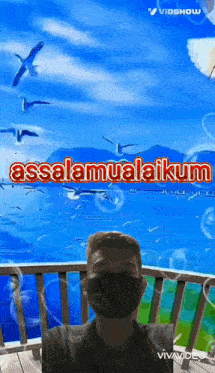 a man wearing a mask stands on a balcony overlooking the ocean
