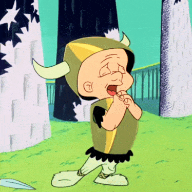 a cartoon character wearing a horned helmet and a sword