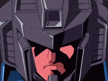 a close up of a cartoon character 's face with a purple helmet on
