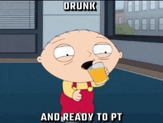 a cartoon character drinking a glass of orange juice with the words drunk and ready to pt below him