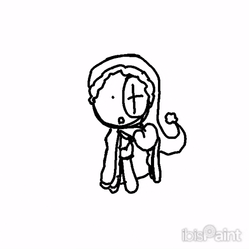 a black and white drawing of a girl with a cross on her head .