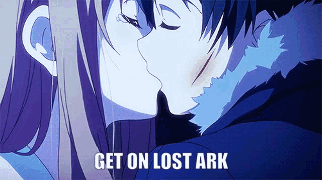 a man and a woman kissing with the words get on lost ark above them