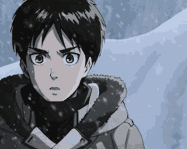 a boy with a scarf around his neck is standing in the snow looking at something