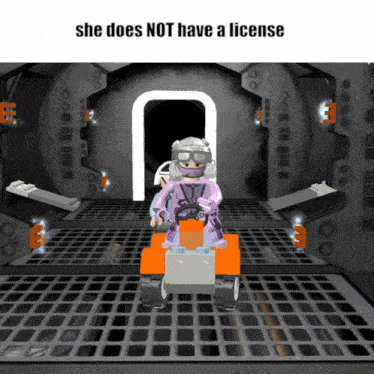 a cartoon of a person driving a toy car with the caption she does not have a license