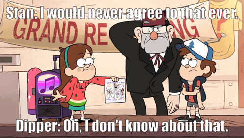 a cartoon of stan and dipper in front of a sign that says " grand reopening "